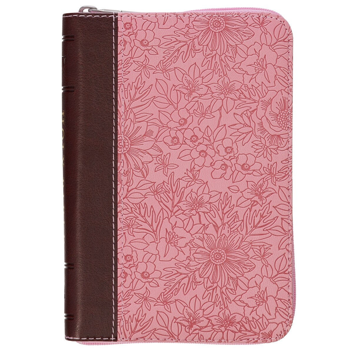 King James Version Bible, Pink/Saddle Tan Faux Leather Pocket Bible with Zippered Closure
