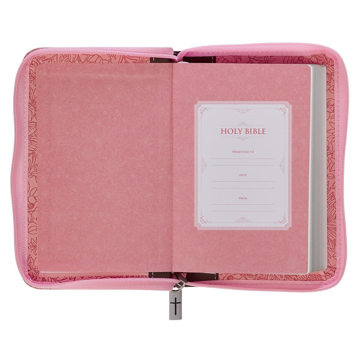 King James Version Bible, Pink/Saddle Tan Faux Leather Pocket Bible with Zippered Closure