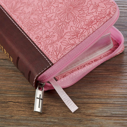 King James Version Bible, Pink/Saddle Tan Faux Leather Pocket Bible with Zippered Closure