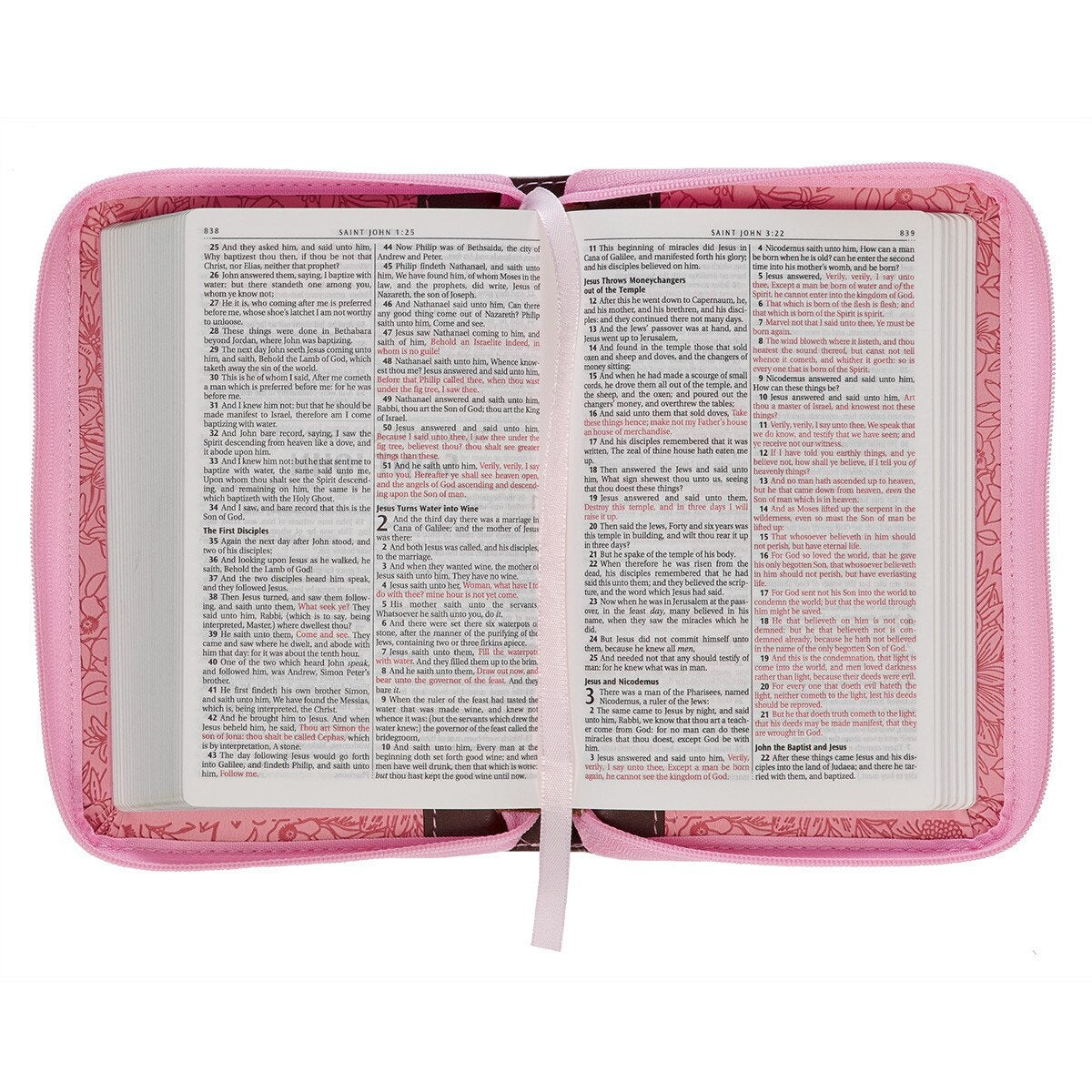 King James Version Bible, Pink/Saddle Tan Faux Leather Pocket Bible with Zippered Closure