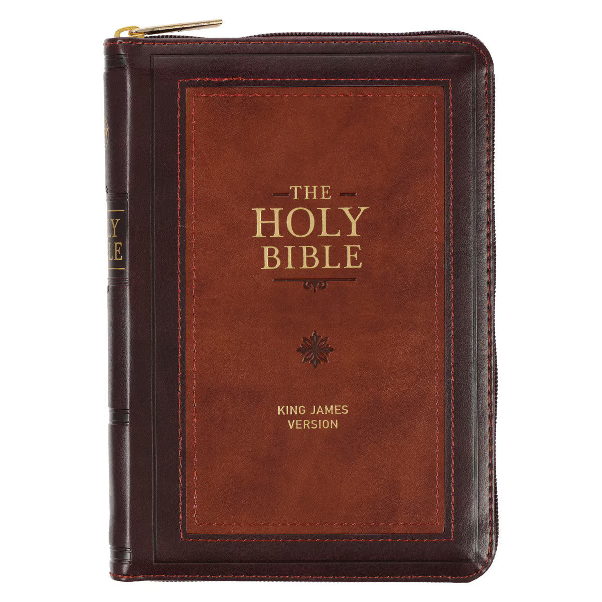 King James Version Bible, Burgundy and Saddle Tan Framed Faux Leather Compact with Zippered Closure