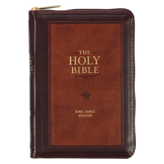 King James Version Bible, Burgundy and Saddle Tan Framed Faux Leather Compact with Zippered Closure