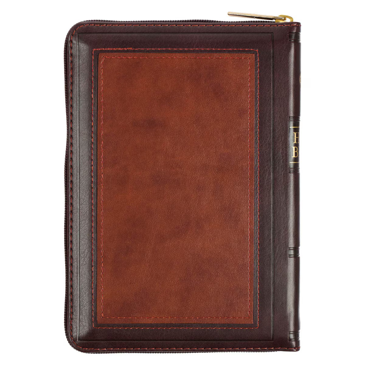 King James Version Bible, Burgundy and Saddle Tan Framed Faux Leather Compact with Zippered Closure