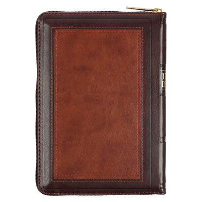 King James Version Bible, Burgundy and Saddle Tan Framed Faux Leather Compact with Zippered Closure