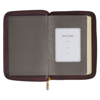 King James Version Bible, Burgundy and Saddle Tan Framed Faux Leather Compact with Zippered Closure