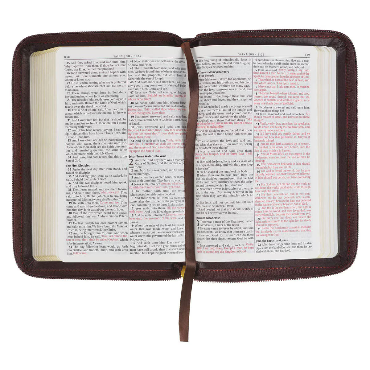 King James Version Bible, Burgundy and Saddle Tan Framed Faux Leather Compact with Zippered Closure