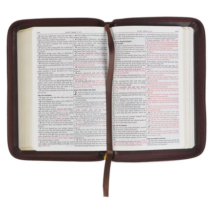 King James Version Bible, Burgundy and Saddle Tan Framed Faux Leather Compact with Zippered Closure