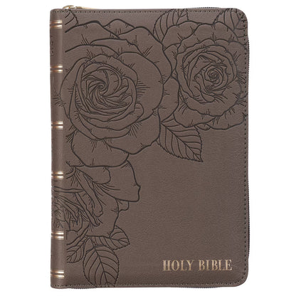 King James Version, Floral Dusty Taupe Faux Leather Large Print Compact Bible