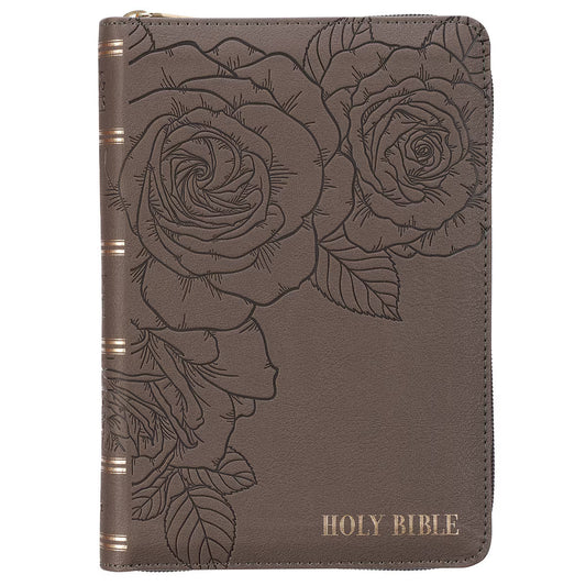 King James Version, Floral Dusty Taupe Faux Leather Large Print Compact Bible