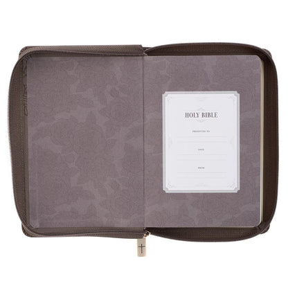 King James Version, Floral Dusty Taupe Faux Leather Large Print Compact Bible
